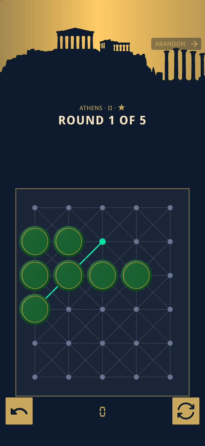 Athens round one: jump green pieces across the board until just one remains.
